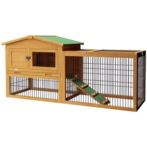PawHut Rabbit Hutch, Wooden Guinea Pig Hutch with Run & Tray, Yellow - Picture 1 of 11