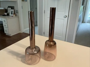 2 Zodax Rose Gold Copper Vases Luster Art Glass Narrow Neck Beaker Style Ombré. - Picture 1 of 5
