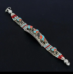 Handmade Turquoise & Red Coral Tibetan Silver Bracelet Nepalese Boho Jewelry - Picture 1 of 4