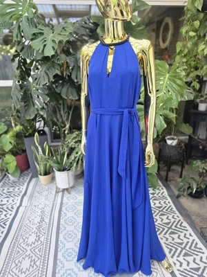 Calvin Klein Women’s Royal Blue Beaded Neck Halter Maxi Gown Dress 8 - Image 1 of 4