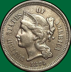 1874 Three Cent Nickel Almost Uncirculated AU Coin, Faint Scratch #29168 - Picture 1 of 3