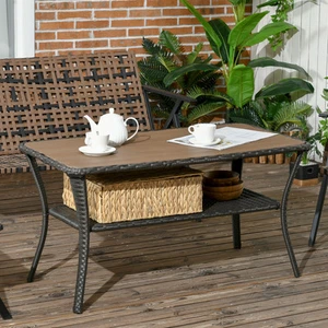 Outsunny Rattan Outdoor Coffee Table w/ 2-Layer Storage Shelf, Mixed Brown - Picture 1 of 7