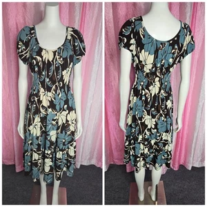 Apt. 9 Blue Floral Retro Smocked Stretch Flare Tiered Dress Size Large  - Picture 1 of 13