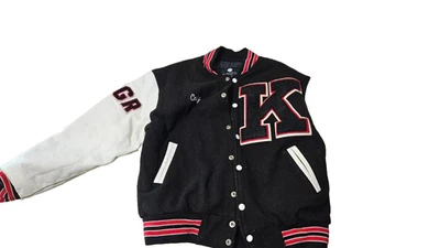 Chaqueta de bombardero universitario negra Mary's Clothing manga larga para hombre talla S Foto 1 de 4