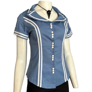 Camisa Top Voodoo Vixen Retro Vintage Look Azul Manga Corta Azafata - Imagen 1 de 8