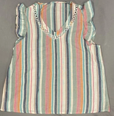 Blusa túnica para mujer L/XL multicolor a rayas mezcla de lino sin mangas con volantes playa Foto 1 de 4