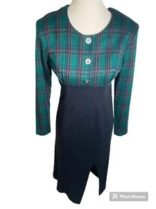 Vintage 80s Maxi Plaid Dress With Zipper, Shoulder Pads, Slit On Side. Size 7/8 - Picture 1 of 4