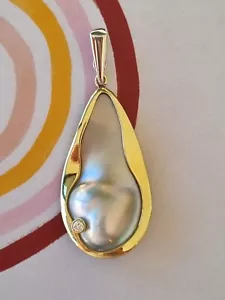 Mabe Pearl & Diamond Pendant Genuine 585 14k Yellow Gold Necklace | Statement - Picture 1 of 12