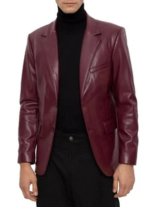 Leather Blazer Men's Lambskin Coat Genuine Jacket Soft Button Two Men Burgundy 3 - Picture 1 of 5