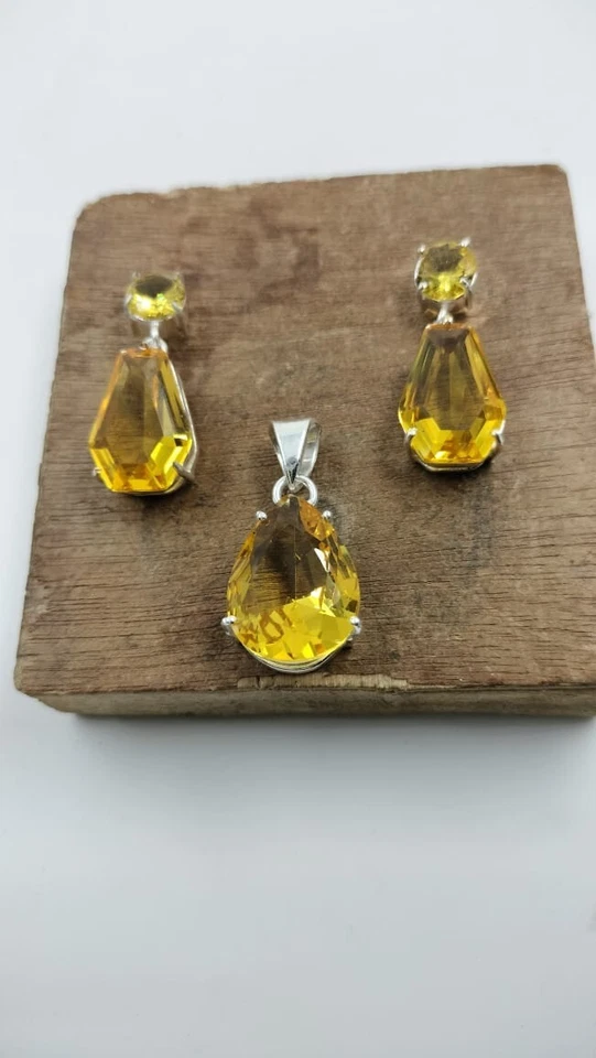 Citrine Quartz Gemstone Silver Plated Earrings Pendent Jewelry Set 1.25" - Image 1 of 1
