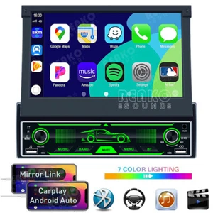 Single 1 Din 7" Flip Out Car Radio Stereo Android/Apple Carplay Bluetooth - Picture 1 of 19