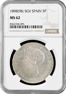 Spain 5 pesetas 1898 SGV, NGC MS62, "King Alfonso XIII (1886 - 1931)" - Picture 1 of 2