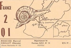QSL Karte Amateurfunk Postkarte 1961 Roulette, Frankreich F2QI mit REF Briefmarken / Schnecke - Bild 1 von 2