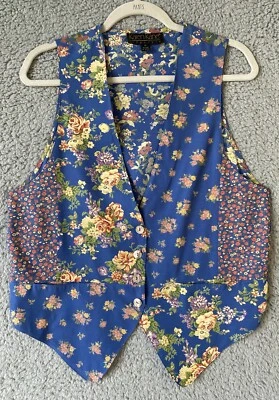 Chaleco Karen Kane Patchwork MEDIANO Azul Floral Country Bolsillos Concha Botones Foto 1 de 4