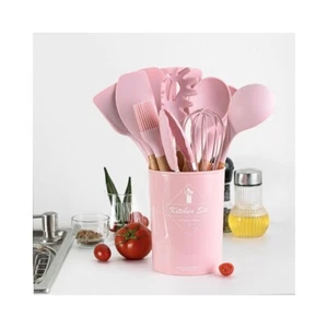 SET 12 UTENSILI CUCINA IN SILICONE MANICO DI LEGNO ANTIADERENTE MESTOLO - Foto 1 di 6