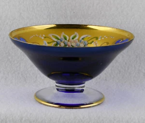 Czech Bohemian Blue Footed Bowl Raised Enamel Flowers Gold Trim (3" Tall) - Picture 1 of 3