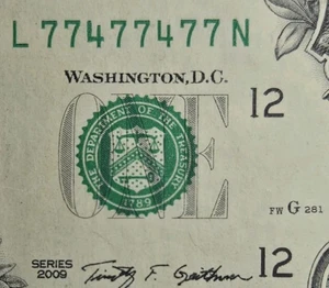 Binary Radar 6×2 7s & 4s Fancy Serial Number L77477477N 2009 1$ One Dollar Bill - Picture 1 of 4