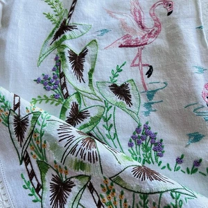Vintage Embroidered Tablecloth with Flamingos 48” x 66” – Handmade - Picture 1 of 19
