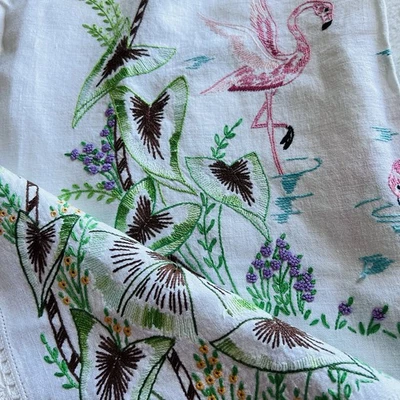 Vintage Embroidered Tablecloth with Flamingos 48” x 66” – Handmade - Image 1 of 4