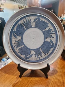 roberta storbeck low platter 10 inch sgraffito swan pattern - Picture 1 of 8