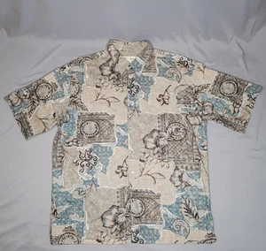 Tori Richard Shirt Mens Large Blue Tan Floral Hawaiian Aloha Button Up USA 90s - Picture 1 of 14