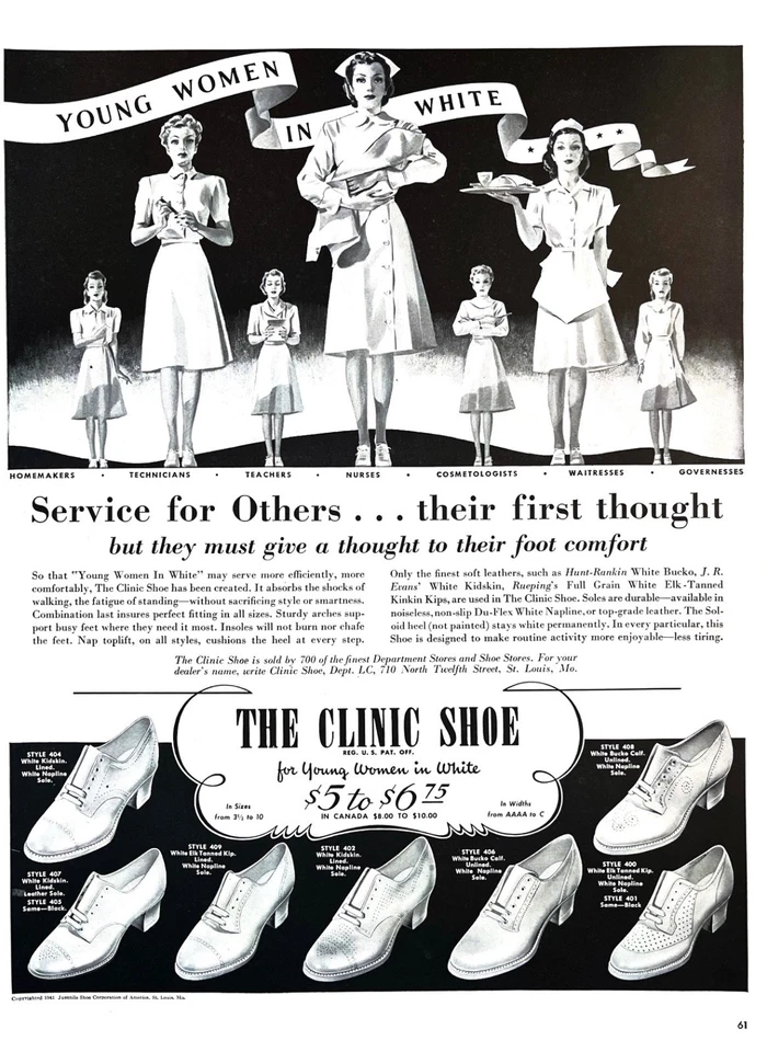 1941 NURSE'S SHOES Genuine Vintage Print Ad Women's White Clinic Shoes Nursing - Image 1 of 1