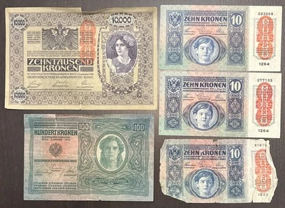 AUSTRIA 1912 100 CORONAS 1915 10 CORONAS 1918 10000 CORONAS 5 billetes Foto 1 de 2