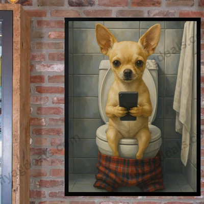 Divertido póster de baño Chihuahua 18x24 - Perro en el inodoro con decoración de arte de pared para teléfono Foto 1 de 4