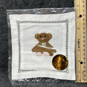 NOS LeBlanc Teddy Bear Embroidered Linen Coaster Handcrafted Made in France - Picture 1 of 3