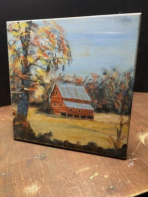 Banco de madera pintado escena de granero en otoño Foto 1 de 4