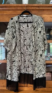 EUC Lularoe Paisley Kimono groß beige hellbraun schwarz Fransen 3/4 Ärmel Cardigan - Bild 1 von 5