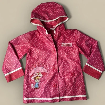 Vtg Y2k Size 6 Strawberry Shortcake Pink Rain Jacket Coat Hood Embroidered Flaws - Image 1 of 4