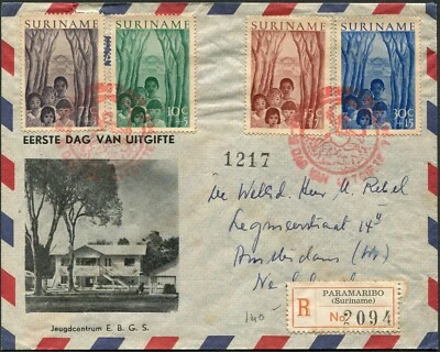 Suriname #B58-B61 Moravian Church Youth Center FDC 1954 Airmail to Netherlands - Image 1 of 2