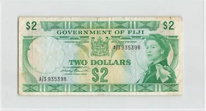 FIJI $2 Dollars 1971, Government, P-66a, A/3 935398 Sign: Barrett. QEII...  R1 - Picture 1 of 2