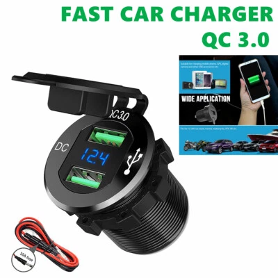 Doble QC 3.0 Puerto USB Cargador Rápido Coche Enchufe Toma de corriente para Coche Barco con Pantalla LED - Imagen 1 de 4