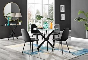 NOVARA 100cm Round Glass and Black Leg Dining Table & 4 Faux Leather Chairs - Picture 1 of 526