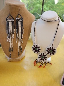 Vtg Native Tribal Beaded Medallion Necklace+ LONG Shoulder Duster Earrings - Picture 1 of 11