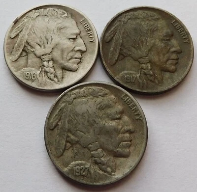 Lot of 3 Buffalo Nickels 1916, 1917, 1927 XFs, Three 5C coins - Image 1 of 4