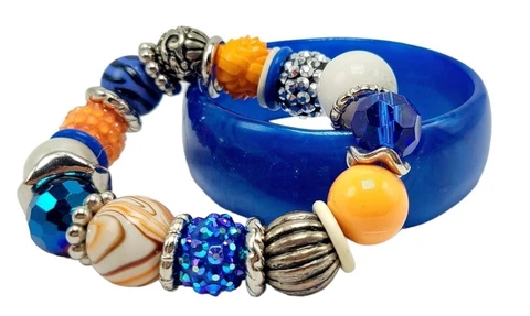 Thunder Okc Inspired Chunky Beaded Stretch Bracelet W/Blue Bangle Orange & Blue Cover