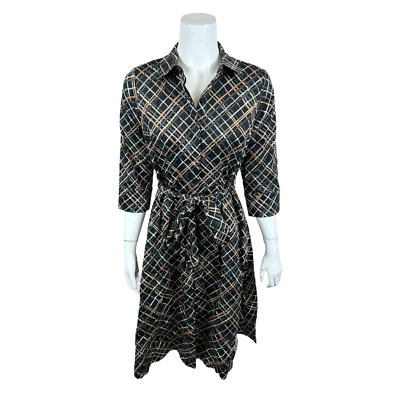 Vestido camisero de satén elástico estampado a cuadros negro talla 6 Isaac Mizrahi para mujer Foto 1 de 2