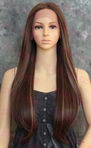 Light Brown/Blonde Long Straight Heat Safe Lace Front Human Hair Blend Wig EVEU - Picture 1 of 6