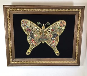 Vintage Jewelry Jeweled Framed Handmade Butterfly Original Art Beads Rhinestones - Picture 1 of 8