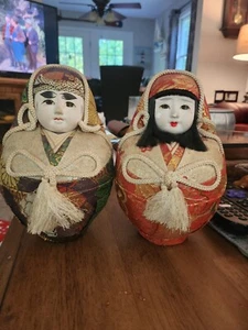 2 statue vintage giapponesi in legno Hime-Daruma Nishiki-Daruma bambola 9" - Foto 1 di 5