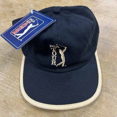 New Vintage PGA Tour Leather Strap Adjustable Strapback Hat Cap Black Gold Men’s - Image 1 of 4