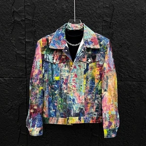 Herren Regenbogen Farbe Jeansjacke Freizeit Bemalt Muster Mantel Hip Hop Mode - Bild 1 von 10