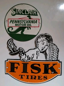 2 x SIGNOS PUBLICITARIOS ESMALTADOS Neumáticos Fisk + Aceite de Motor Sinclair - Metal Car Garaje - Imagen 1 de 20