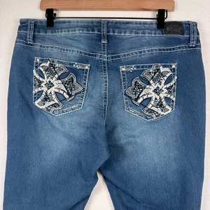 Love Indigo Women's Cross Embroidered Jeans Y2K Cotton Blend size 16 Blue - Picture 1 of 8