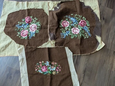 Vintage Needlepoint Floral Tapestry Finished Brown Pink Blue Chair Cover Set - Image 1 of 4