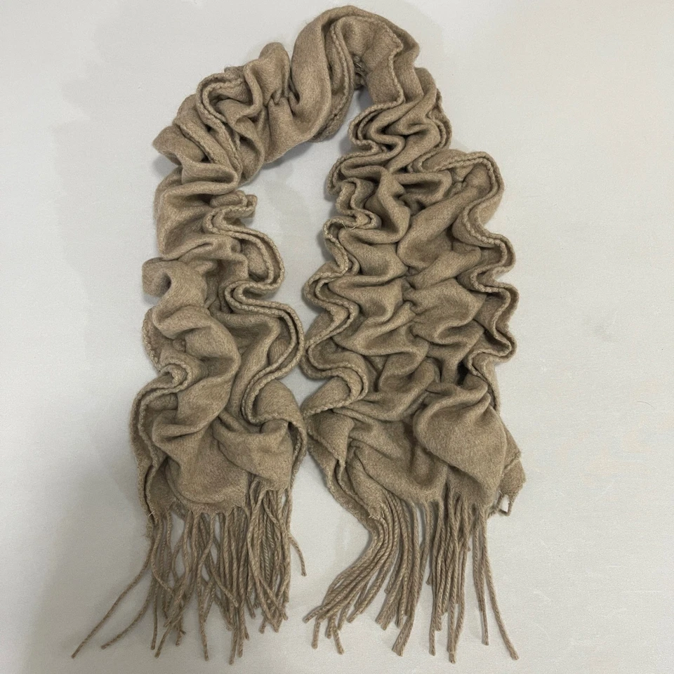 Sayami Anthropologie Cashmere Fringe Scarf Neutral Beige Ruched Warm Soft - Image 1 of 3