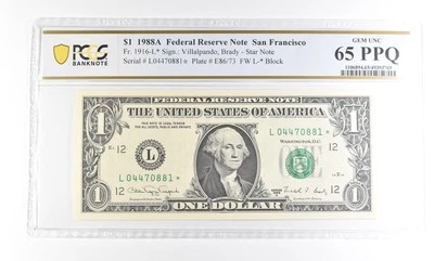 1988 A $1 San Francisco CA FRN Star Note Fr#1916-L* Gem Unc 65 PPQ PCGS *2891 - Image 1 of 3